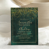 Chic gold confetti green typography wedding 招待状