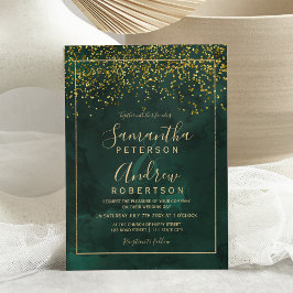 Chic gold confetti green typography wedding 招待状