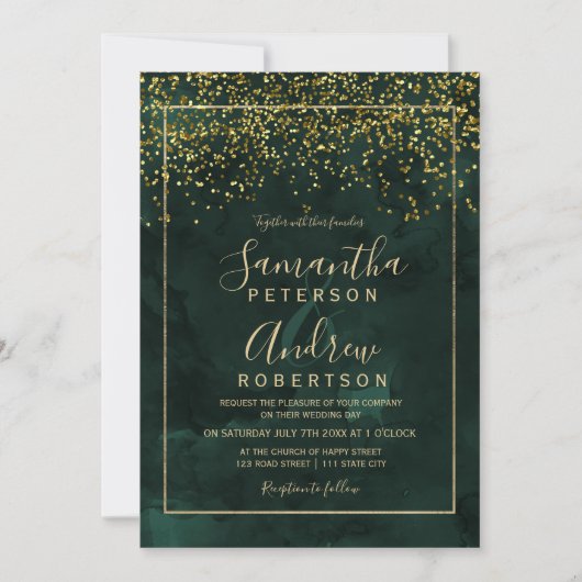Chic gold confetti green typography wedding 招待状 (正面)