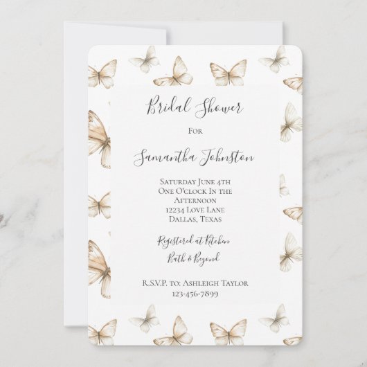 Chic Gold Cream White Butterflies Bridal Shower 招待状 (正面)