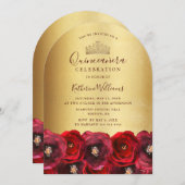 Chic Gold Crown Red Rose Floral Quinceañera  招待状 (正面/裏面)