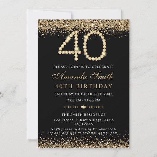 Chic Gold Diamonds 40th Birthday Party Invitation 招待状 (正面)