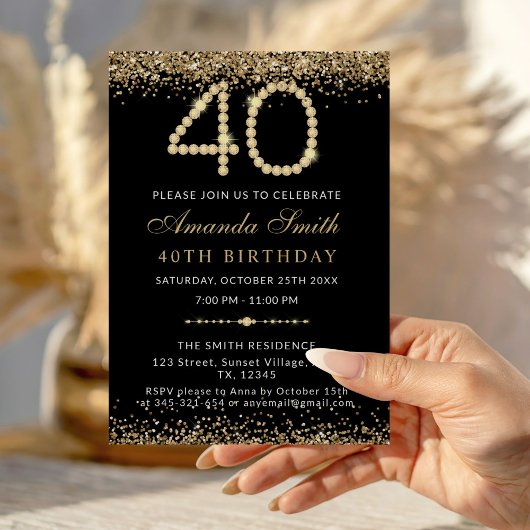 Chic Gold Diamonds 40th Birthday Party Invitation 招待状