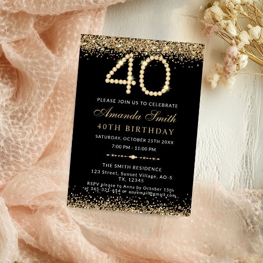 Chic Gold Diamonds 40th Birthday Party Invitation 招待状