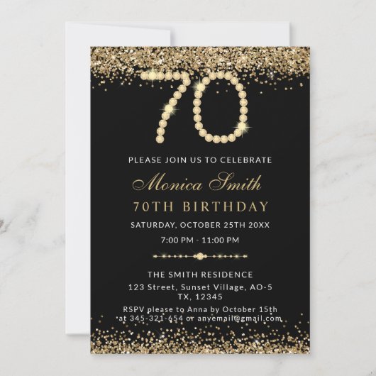 Chic Gold Diamonds 70th Birthday Party Invitation 招待状 (正面)