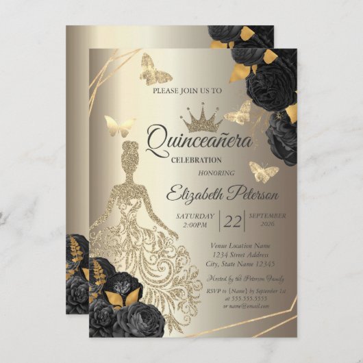 Chic Gold Dress,Butterfly Black Roses Quinceañera 招待状 (正面/裏面)