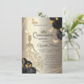 Chic Gold Dress,Butterfly Black Roses Quinceañera 招待状 (スタンド正面)