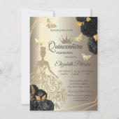 Chic Gold Dress,Butterfly Black Roses Quinceañera 招待状 (正面)