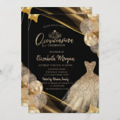 Chic  Gold Dress Tiara Balloons Quinceañera 招待状 (正面/裏面)