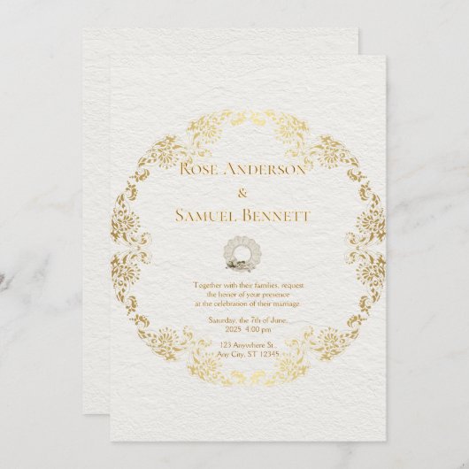 Chic Gold Floral Wedding Invitation 招待状 (正面/裏面)