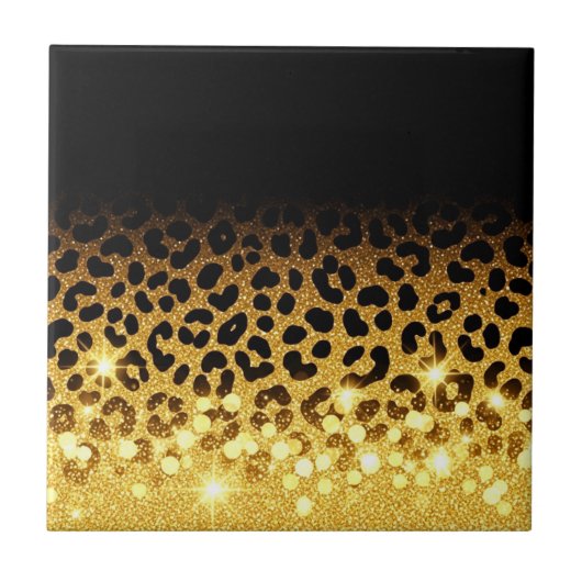 Chic Gold Glitter Leopard Print Pattern タイル (正面)