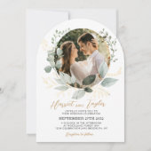 Chic Gold Greenery Eucalyptus Photo Wedding Arch 招待状 (正面)