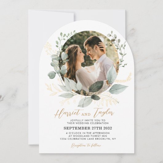 Chic Gold Greenery Eucalyptus Photo Wedding Arch 招待状 (正面)