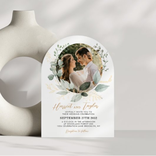 Chic Gold Greenery Eucalyptus Photo Wedding Arch 招待状