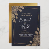 Chic Gold Line Art Flowers 招待状 (正面/裏面)