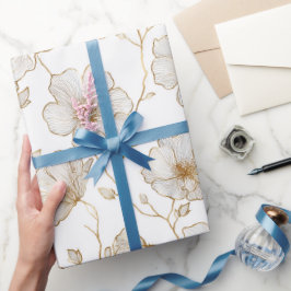 Chic Gold Line Flower White Floral Pattern ラッピングペーパー