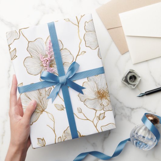 Chic Gold Line Flower White Floral Pattern ラッピングペーパー (ギフト)