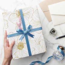 Chic Gold Line Flower White Floral Pattern