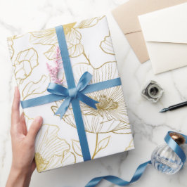 Chic Gold Line Flower White Floral Pattern ラッピングペーパー