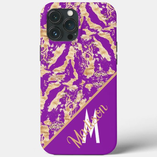 Chic Gold Marble purple Custom monogram name Case-Mate iPhoneケース (裏面)