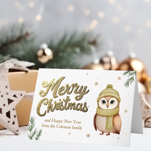 Chic Gold Merry Christmas Owl Woodland Animal シーズンカード