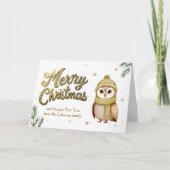 Chic Gold Merry Christmas Owl Woodland Animal シーズンカード (正面)