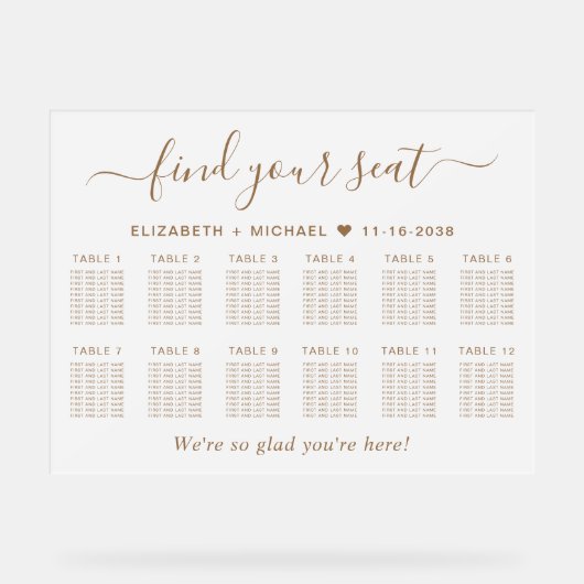 Chic Gold Script 12 Table Wedding Seating Frosted アクリルサイン (正面)