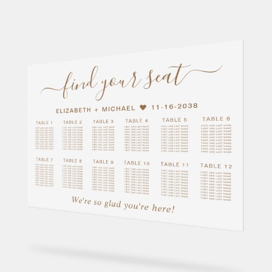 Chic Gold Script 12 Table Wedding Seating Frosted アクリルサイン (傾斜)