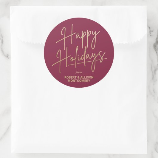 Chic Gold Script Happy Holidays Cranberry ラウンドシール (バッグ)