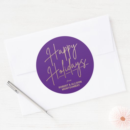 Chic Gold Script Happy Holidays Purple ラウンドシール (封筒)