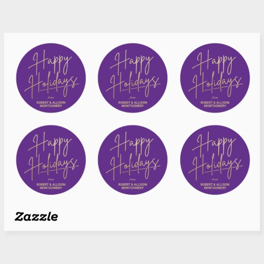 Chic Gold Script Happy Holidays Purple ラウンドシール (シート)