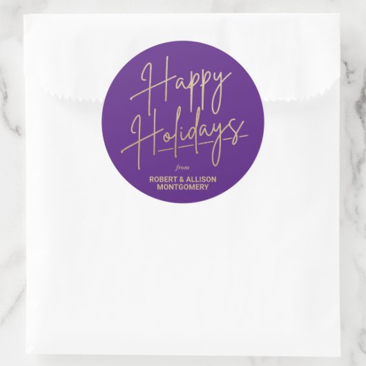 Chic Gold Script Happy Holidays Purple ラウンドシール (バッグ)