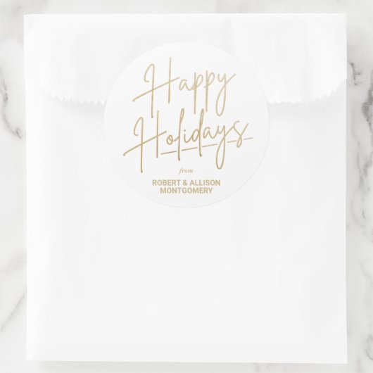 Chic Gold Script Happy Holidays White ラウンドシール (バッグ)