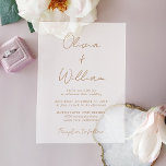 Chic Gold Script Minimalist Wedding Frosted アクリル招待状<br><div class="desc">Simple and chic frosted acrylic wedding invitation with a minimalist vibe featuring the names of the bride and groom in a gold calligraphy script and your wedding details in modern gold lettering. Adjust the size of of the script font in the design tool for longer or shorter names if desired....</div>