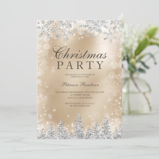 Chic Gold Silver snowflake winter Christmas party 招待状 (スタンド正面)