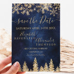 Chic gold snow pine navy Christmas save the date セーブザデート<br><div class="desc">Time to celebrate your winter wonderland wedding theme with this luxury yellow gold glitter snowflakes sparkles and chic gold glitter pine tree forest on an elegant festive navy blue watercolor background,  featuring a modern cool script font typography. A chic and elegant wedding save the date card.</div>