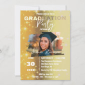 Chic Gold Sparkly Metallic Photo Graduation Party 招待状 (正面)