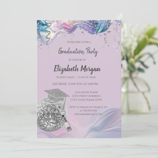 Chic Grad Cap,Disco Ball,Wine Violet Abstract 招待状 (スタンド正面)