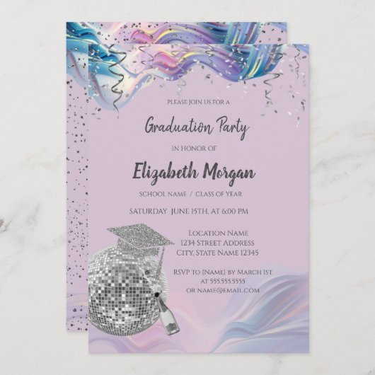 Chic Grad Cap,Disco Ball,Wine Violet Abstract 招待状 (正面/裏面)