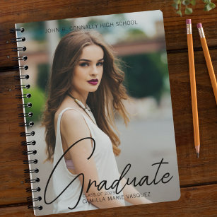 Chic Graduate Photo Trendy Script Graduation Gift ノートブック