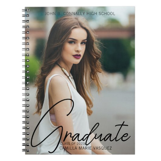 Chic Graduate Photo Trendy Script Graduation Gift ノートブック (正面)