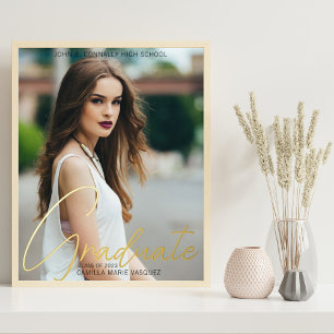 Chic Graduate Photo Trendy Script Graduation Gold 箔ポスター
