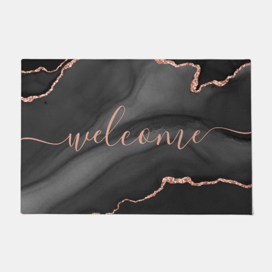 Chic Gray Agate Pink Glitter Script Welcome ドアマット (正面)