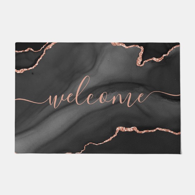 Chic Gray Agate Pink Glitter Script Welcome ドアマット (正面)