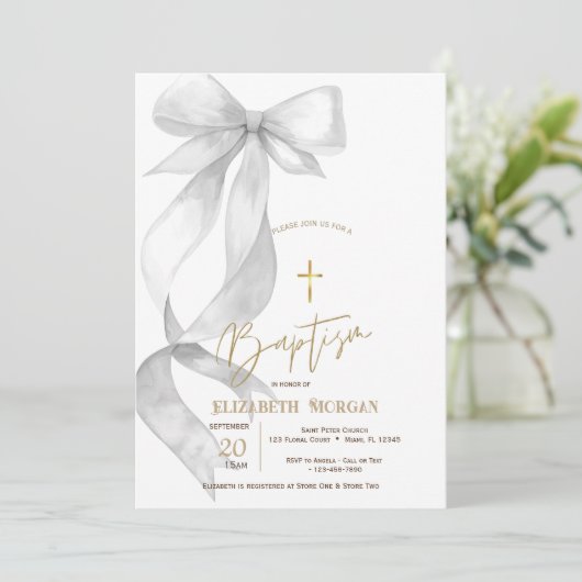 Chic Gray Bow Gold Cross Baptism 招待状 (スタンド正面)