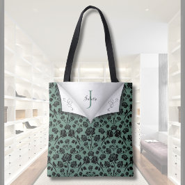 Chic Green and Black Rose Monogram Tote Bag トートバッグ