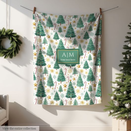Chic green and gold watercolor Christmas trees フリースブランケット