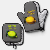 Chic Green and Yellow Lemon Kitchen 鍋つかみ&鍋敷きセット (正面/裏面)
