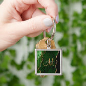 Chic Green Gold Glitter Agate Custom Monogram キーホルダー (手)
