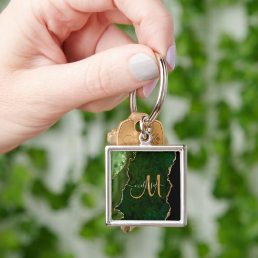Chic Green Gold Glitter Agate Custom Monogram キーホルダー (手)